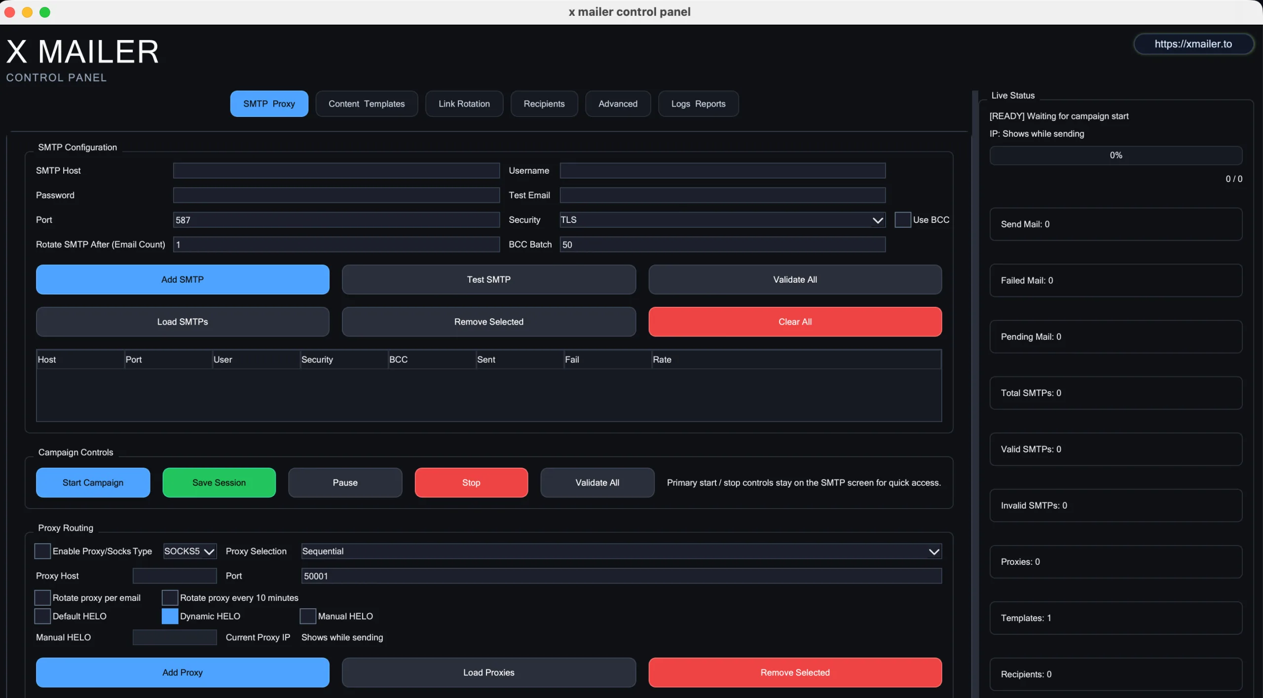 The X Mailer control panel, showing email account settings, campaign controls and a live status panel